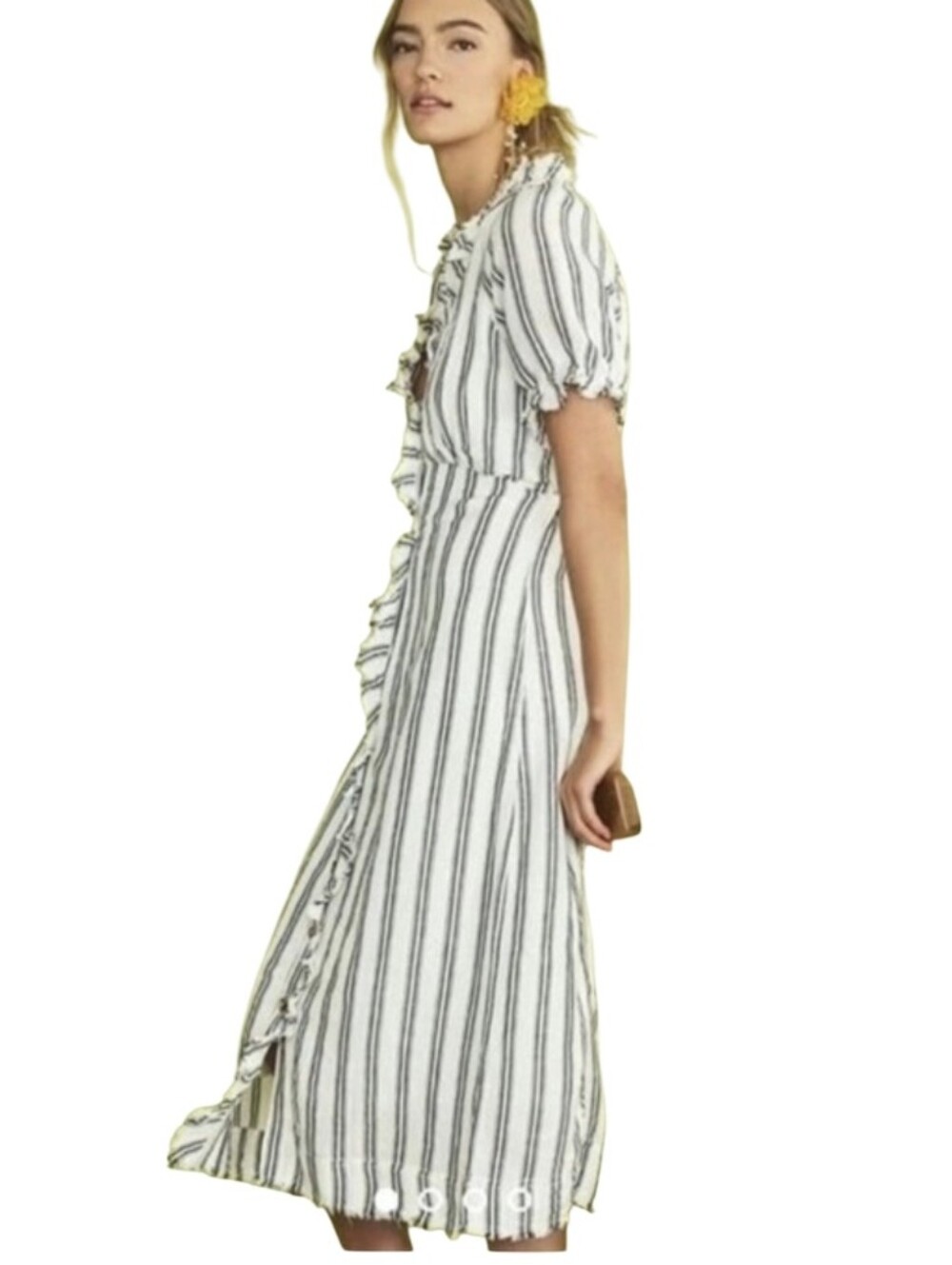 Anthropologie Linen Blend Striped Midi Dress Size 2 Cottagecore Prairie Blk Whit